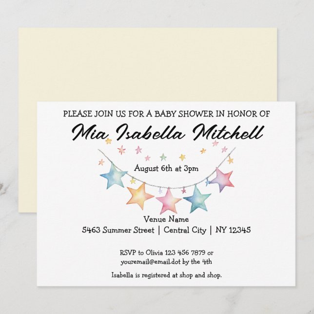 Aquarelle Star Baby shower Pennant Invitation (Devant / Derrière)