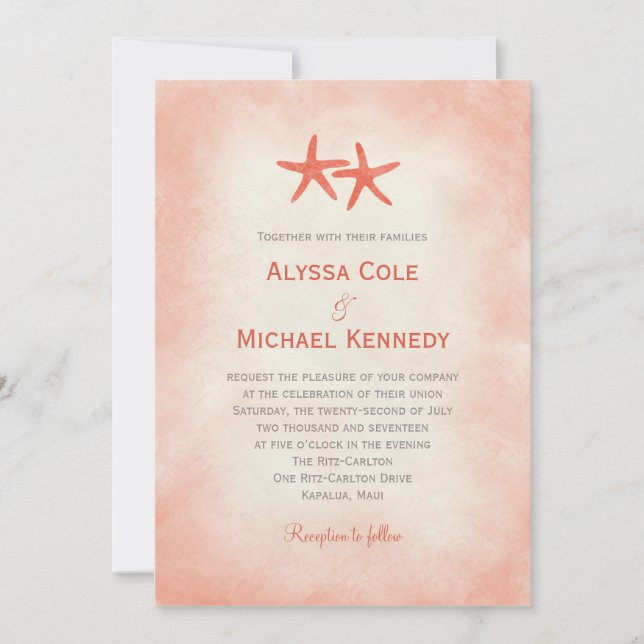 Aquarelle Starfish Plage Mariage Invitation Coral (Devant)