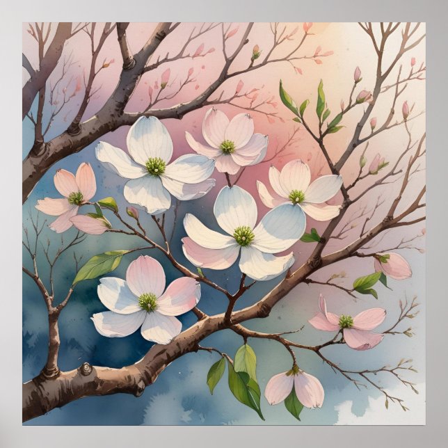 Aquarelle Style Dogwood Tree Poster (Devant)