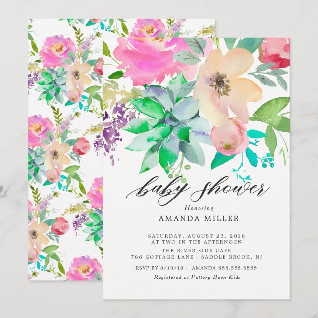 Aquarelle Succulente Baby shower Floral Invitation (Devant / Derrière)