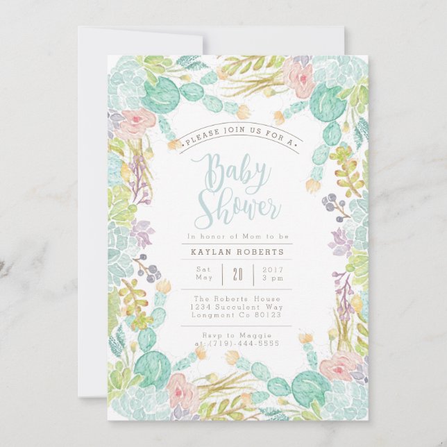 Aquarelle Succulente du jardin | INVITATION BABY S (Devant)