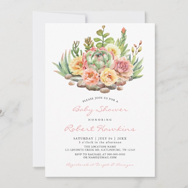 Aquarelle Succulents Baby shower Invitation (Devant)