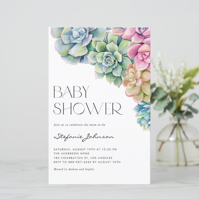 Aquarelle Succulents Baby shower Invitation (Debout devant)