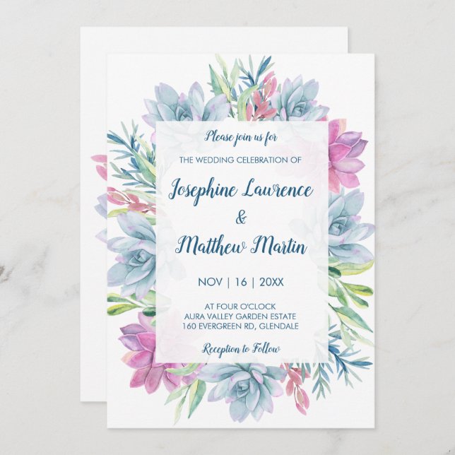 Aquarelle Succulents Invitations de mariage (Devant / Derrière)