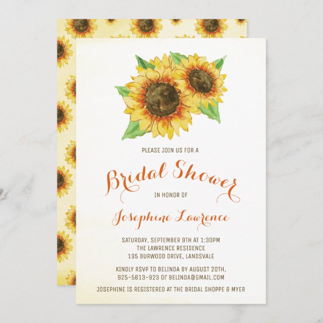 Aquarelle Sunflowers Invitations de douche nuptial (Devant / Derrière)