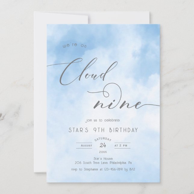 Aquarelle sur nuage 9 9e Invitation anniversaire (Devant)