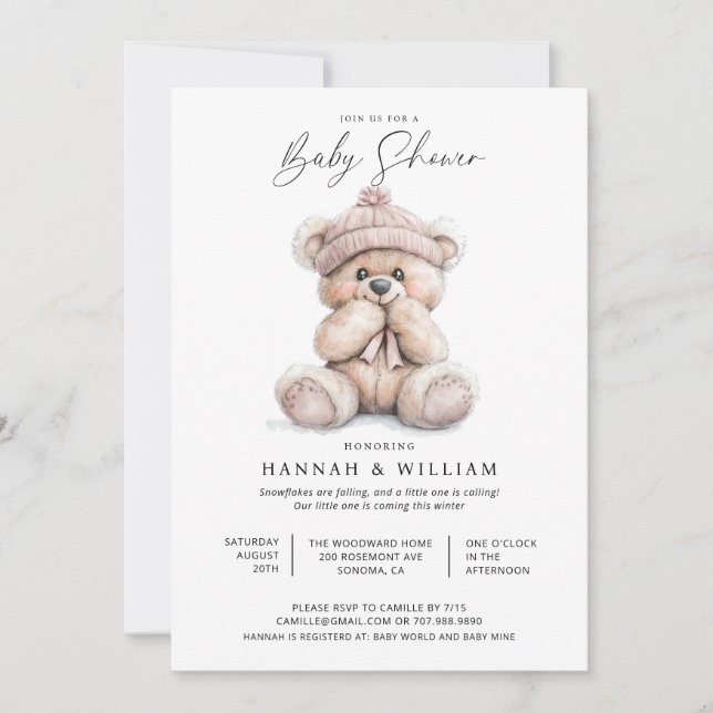 Aquarelle Teddy Bear Girl Baby shower Invitation (Devant)