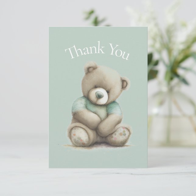 Aquarelle Teddy Bear Merci vert Baby shower (Debout devant)