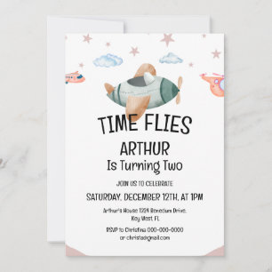 Aquarelle Temps Vol Avion Anniversaire Invitation