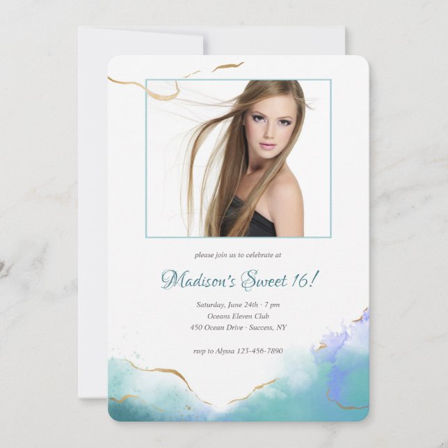 Aquarelle tendance Sweet sixteen photo Invitation (Devant)