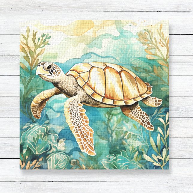 Aquarelle Toile de tortue marine (Coastal Art for Kids or Bathroom - Watercolor Turtle Canvas Print)