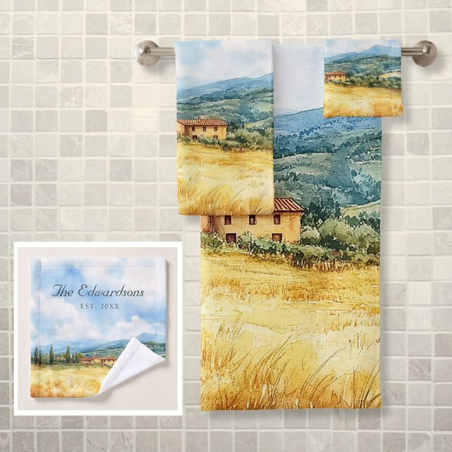 Aquarelle Toscan Méditerranée Nom de famille (Watercolor Tuscan Mediterranean Family Name Bath Towel Set)