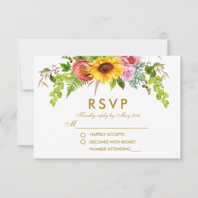 Aquarelle Tournesol Floral Gold Wedding RSVP (Devant)