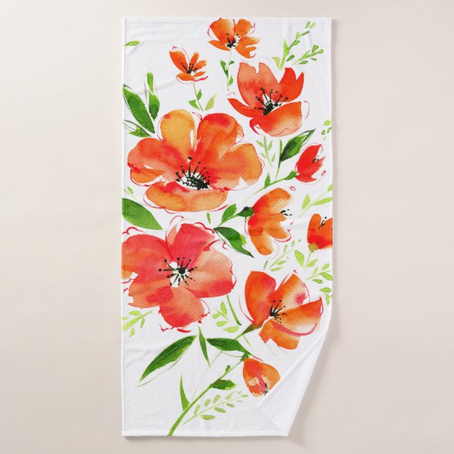 Aquarelle transparente motif oranges poppies fleur (Serviette de bain)