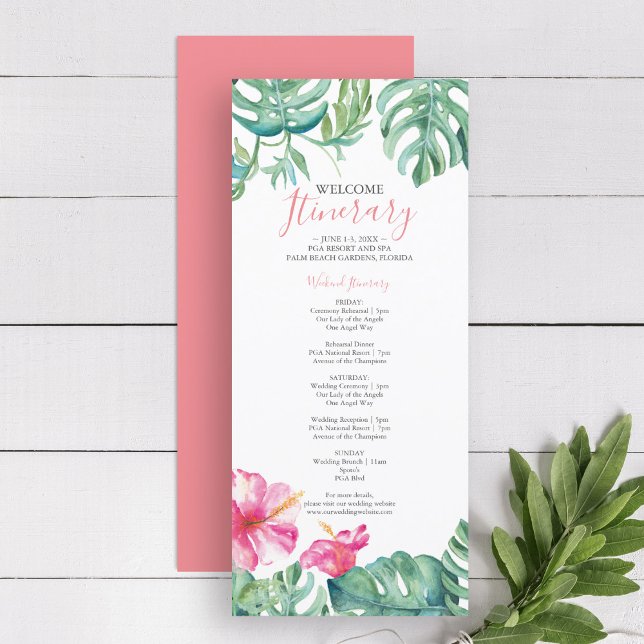 Aquarelle Tropical Floral Itinéraire Mariage (tropical beach wedding welcome itinerary features watercolor palm leaves and pink hibiscus flowers)
