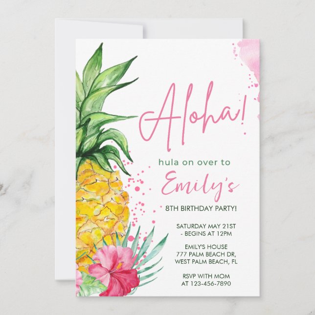 Aquarelle Tropical Hula Invitation d'anniversaire (Devant)