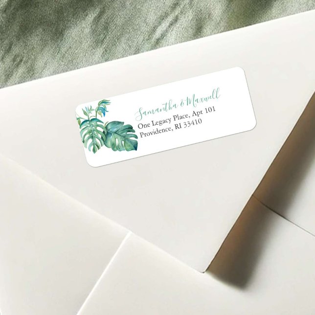 Aquarelle Tropical Palm Feuille Étiquette de adres (Florida return address labels watercolor monstera palm leaf by Victoria Grigaliunas Do Tell A Belle)