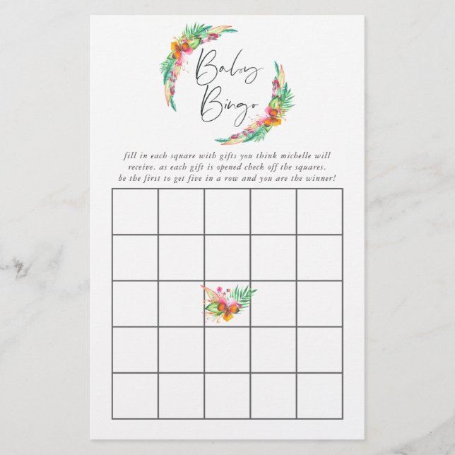 Aquarelle Tropical Summer Beach Baby shower Bingo (Devant)