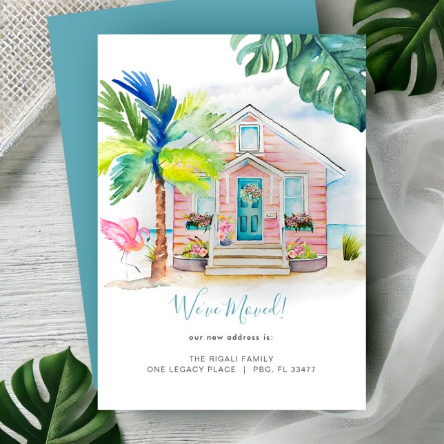 Aquarelle tropicale Plage Faire-part mobile (New address cards watercolor beach house, pink flamingo & palm tree art by Victoria Grigaliunas)