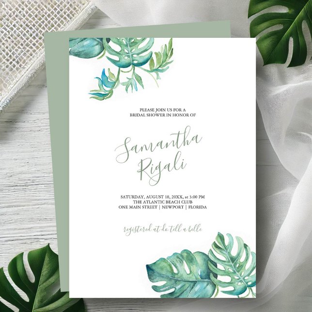 Aquarelle tropicale Verdure Fête des mariées Invit (Tropical bridal shower invitations watercolor monstera leaf art Victoria Grigaliunas DoTellABelle)