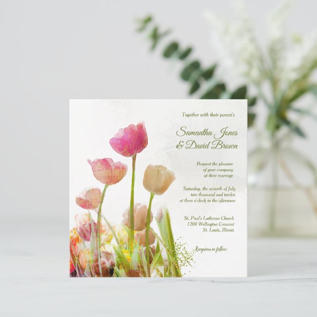 Aquarelle Tulip Personnalisé Mariage Invitation (Debout devant)