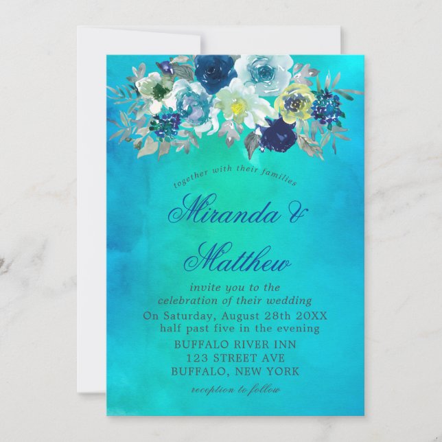 Aquarelle Turquoise bleue Peony Mariage Invitation (Devant)