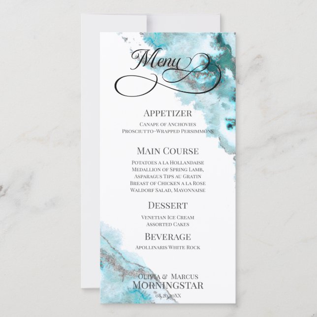 Aquarelle Turquoise moderne Argent Moss Agate Menu (Devant)