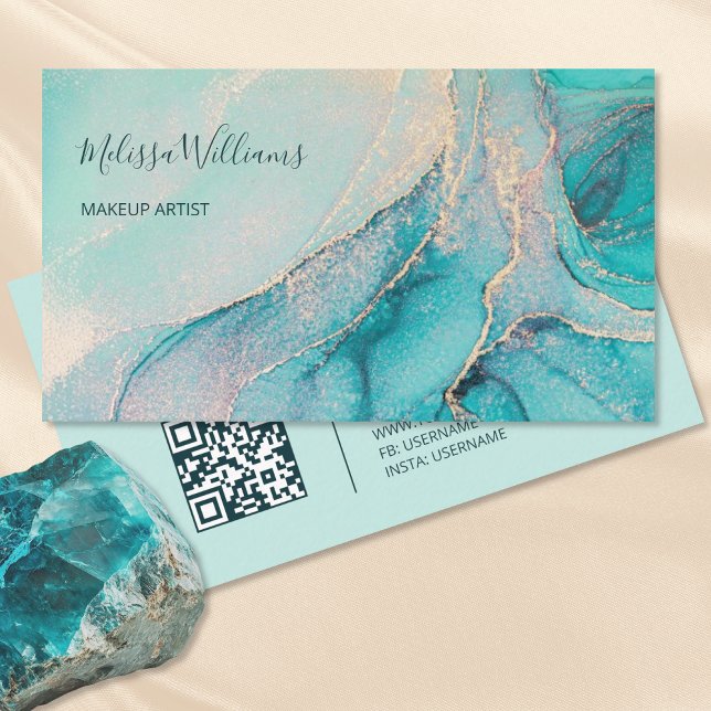 Aquarelle Turquoise Or | Carte de Visite Code QR (Créateur téléchargé)