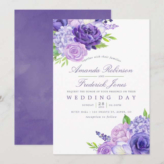 Aquarelle ultra violette Faire-part de mariage flo (Devant / Derrière)