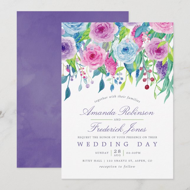 Aquarelle ultra violette Faire-part de mariage flo (Devant / Derrière)