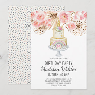 Aquarelle Unicorn Girl First Birthday Invitation