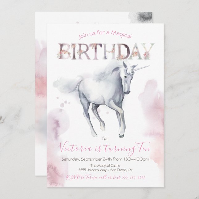 Aquarelle Unicorn Invitation Anniversaire (Devant / Derrière)