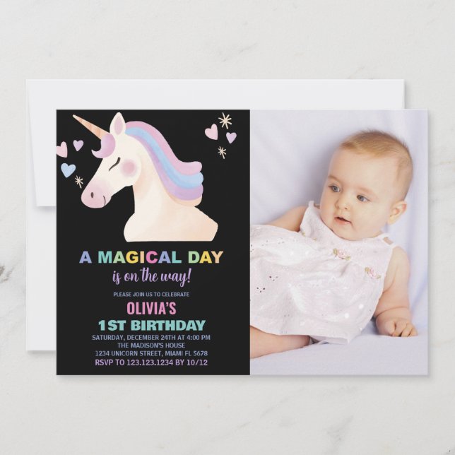 Aquarelle Unicorne Anniversaire Invitations avec p (Devant)