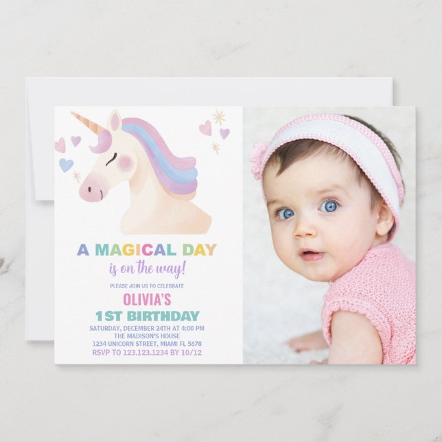 Aquarelle Unicorne Anniversaire Invitations avec p (Devant)