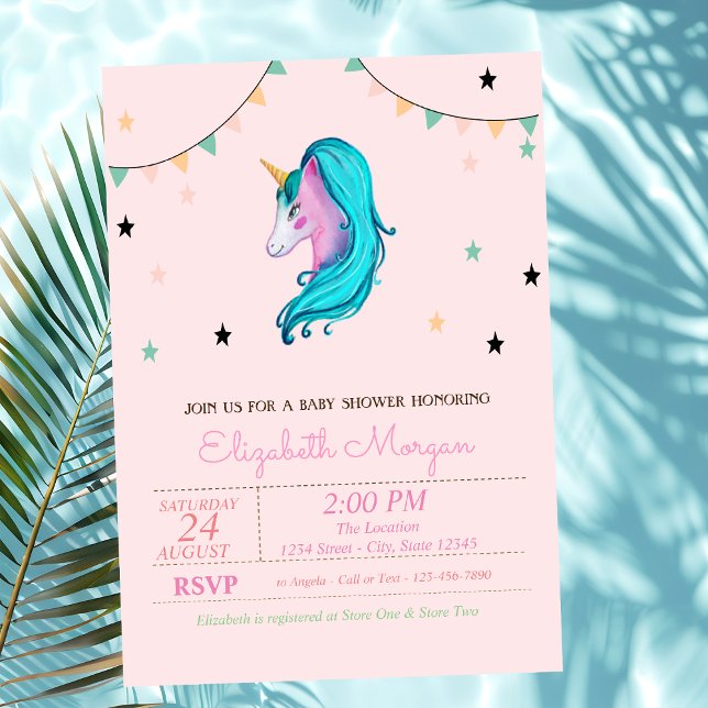Aquarelle Unicorne, Stars Baby shower Invitation (Créateur téléchargé)