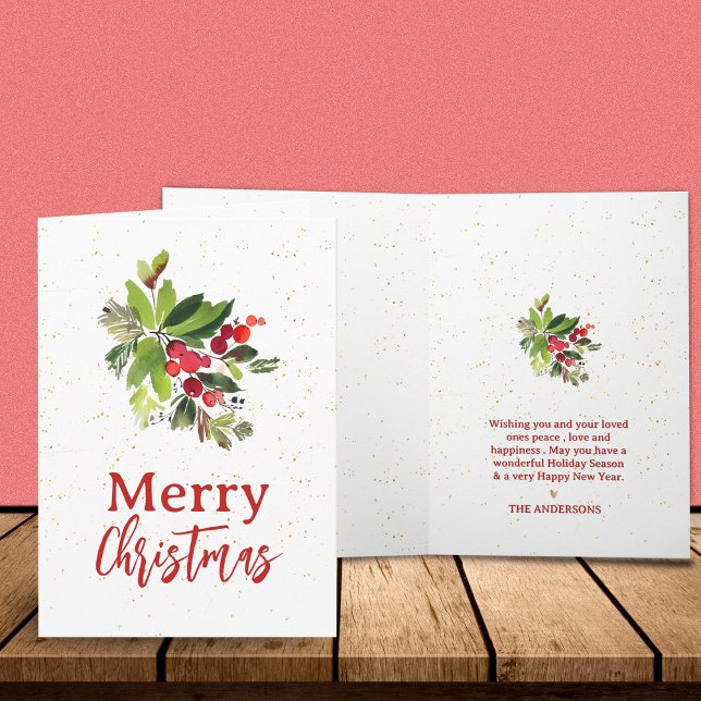 Aquarelle Verdure & Baies rouges Joyeux Noël (Watercolor Greenery & Red Berries Merry Christmas Note Card)