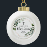 Aquarelle Verdure Baptême en céramique Ornement de<br><div class="desc">Aquarelle Verdure Baptême en céramique Ornement de bal. Cadeau de croix personnalisé - Cadeau de baptême</div>