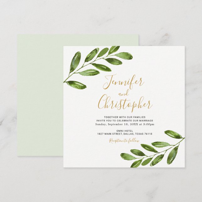 Aquarelle Verdure Carré Mariage Invitations (Devant / Derrière)