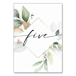Aquarelle Verdure et or Numéros de table Cinq