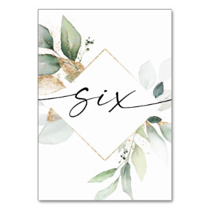Aquarelle Verdure et or Numéros de table Six