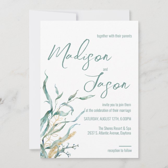 Aquarelle Vert algue Plage Mariage Invitations (Devant)