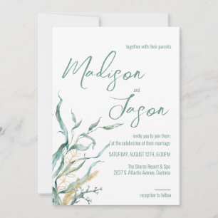 Aquarelle Vert algue Plage Mariage Invitations