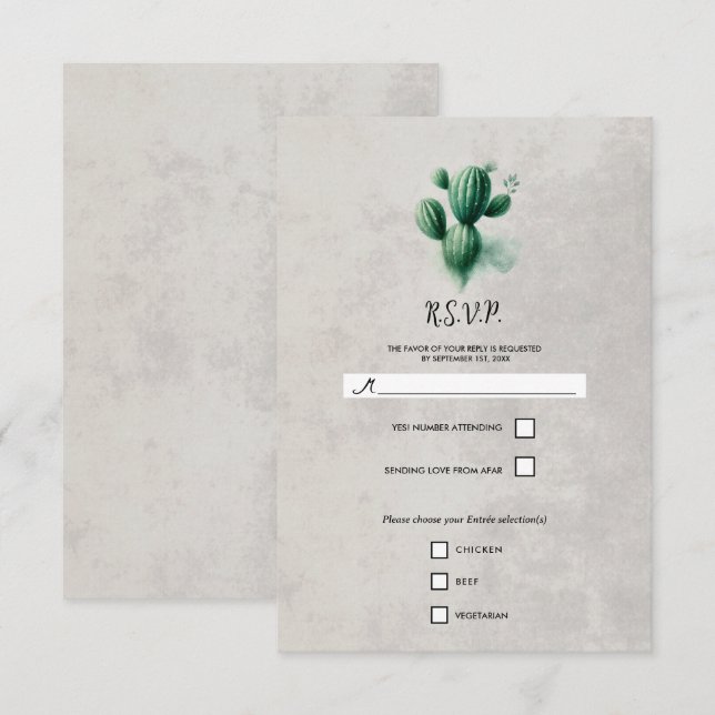 Aquarelle Vert Cactus Gris Réponse Mariage RSVP (Devant / Derrière)