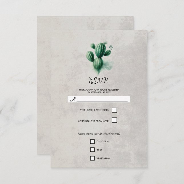 Aquarelle Vert Cactus Pierre Gris mariage RSVP (Devant / Derrière)