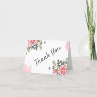 Aquarelle Vert Carte de remerciements Fleurs roses