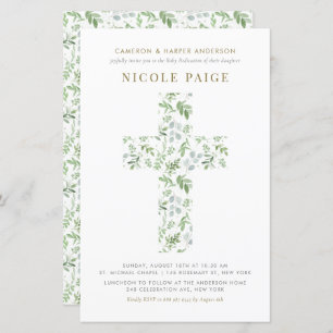 Aquarelle Vert Croix Bébé Dédication Invitation