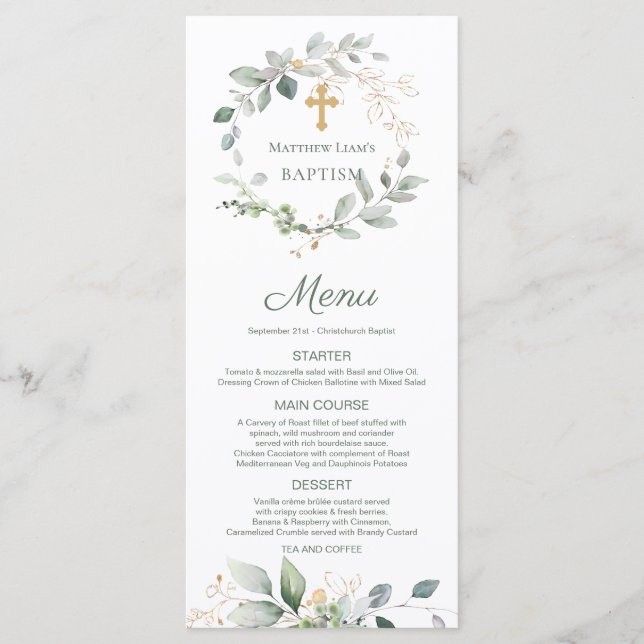 Aquarelle Vert Feuillage Croix Baptême Menu (Devant)