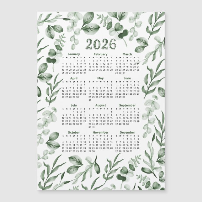 Aquarelle Vert Feuilles 2026 Calendrier (Devant)