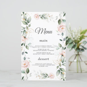 Aquarelle Vert Fleurs roses Mariage or Menu