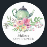 Aquarelle Vert Floral Baby Tea Party Sticker<br><div class="desc">Joli baby shower de thé à préférer autocollant avec une théière verte et des fleurs colorées d'aquarelle</div>